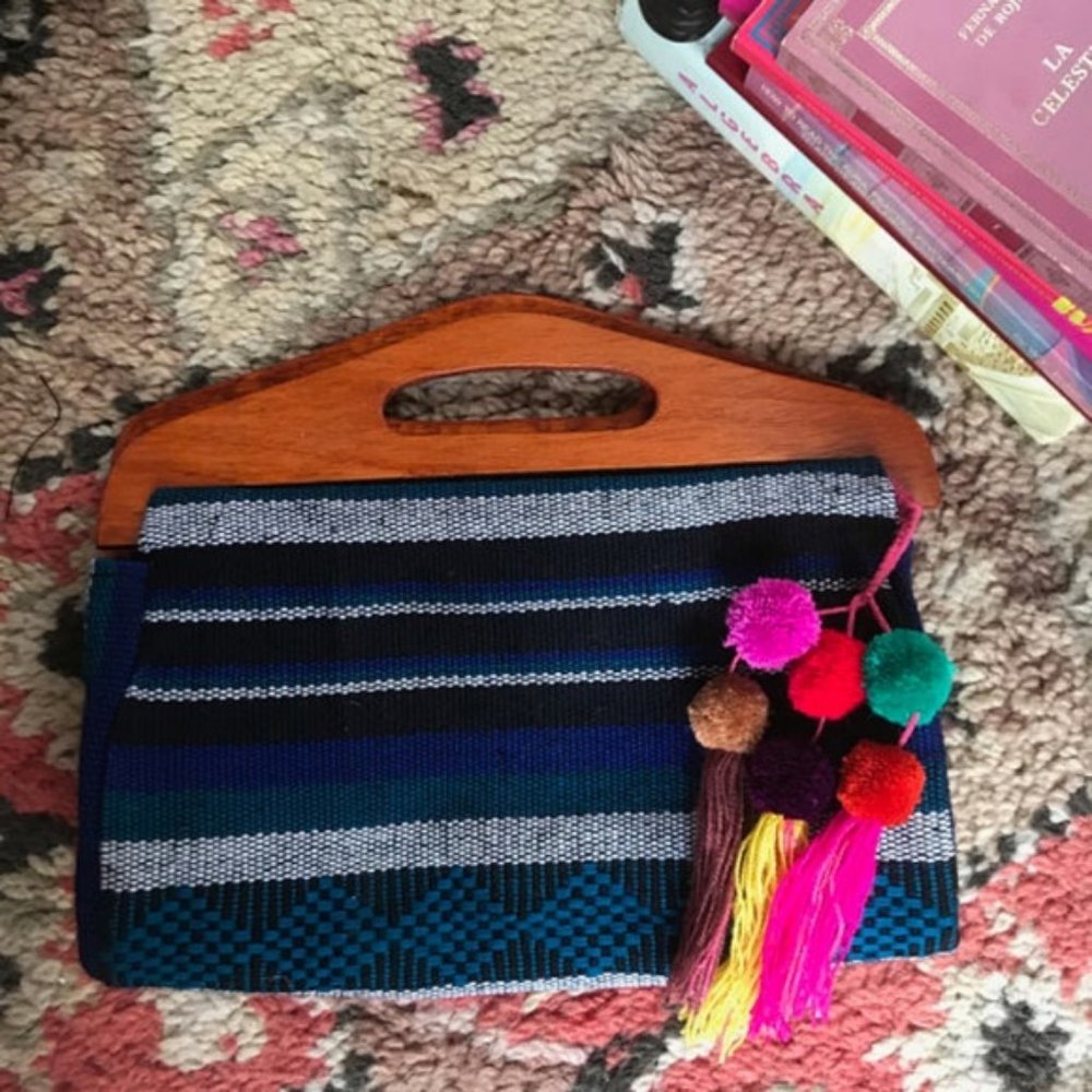 Foldover Fabric Wood Clutch Mexican Textile Vintag - Picture 3 of 7